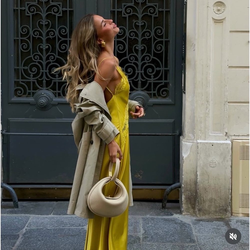Zara Lace-Trim Slip Satin Maxi Dress in Mustard Chartreuse Yellow - Picture 4 of 15